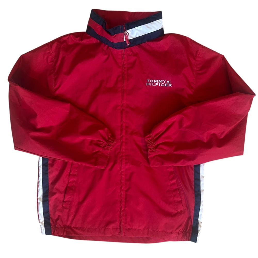 Tommy Hilfiger Red White Blue Windbreaker Roll Away Hood Size Large